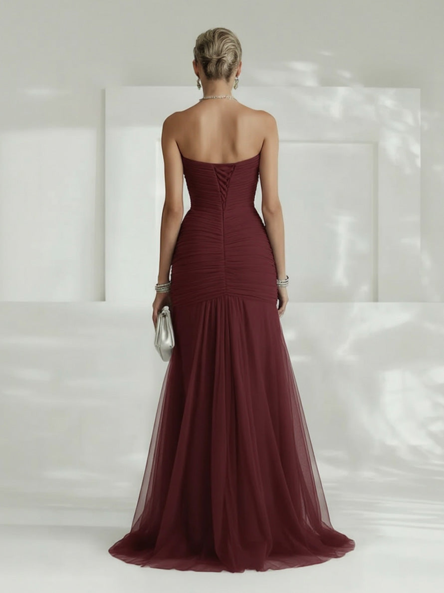 Robe Longue Femme Sans Bretelles Tulle Plissé Fente Latérale Ajustée Mariage Soirée Formelle Gala Bal Cocktail Cérémonie – Tulliane