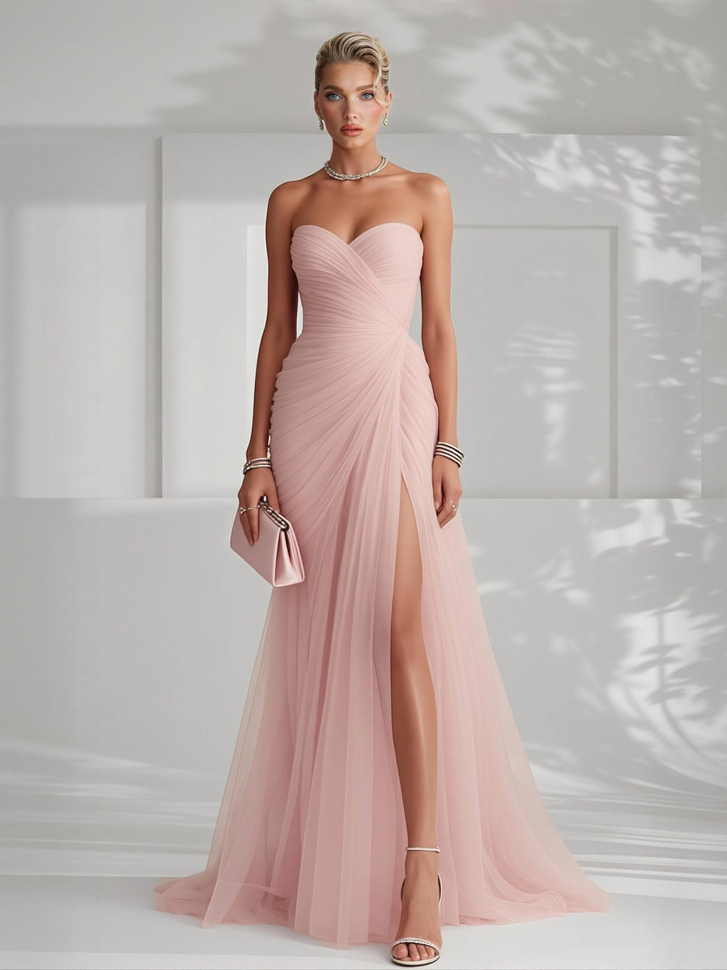 Robe Longue Femme Sans Bretelles Tulle Plissé Fente Latérale Ajustée Mariage Soirée Formelle Gala Bal Cocktail Cérémonie – Tulliane