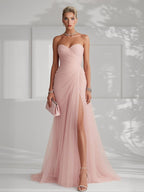 Robe Longue Femme Sans Bretelles Tulle Plissé Fente Latérale Ajustée Mariage Soirée Formelle Gala Bal Cocktail Cérémonie – Tulliane