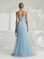 Robe Longue Femme Sans Bretelles Tulle Plissé Fente Latérale Ajustée Mariage Soirée Formelle Gala Bal Cocktail Cérémonie – Tulliane