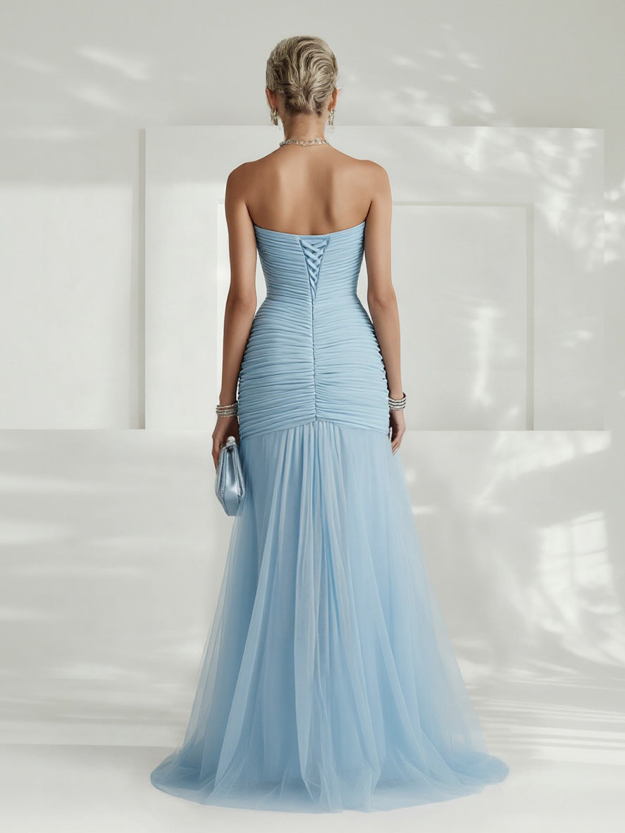 Robe Longue Femme Sans Bretelles Tulle Plissé Fente Latérale Ajustée Mariage Soirée Formelle Gala Bal Cocktail Cérémonie – Tulliane