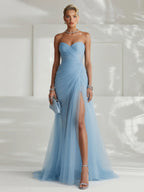 Robe Longue Femme Sans Bretelles Tulle Plissé Fente Latérale Ajustée Mariage Soirée Formelle Gala Bal Cocktail Cérémonie – Tulliane