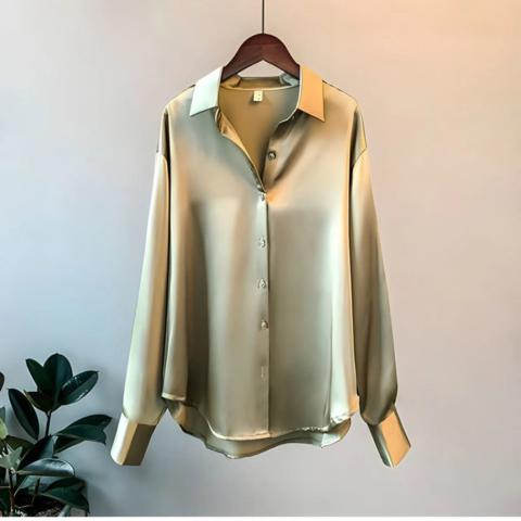 Blusa de mujer de seda satén lujosa con cuello en V, mangas largas, fluida, casual, elegante, para trabajo, noche, vacaciones, versátil – Sabrinelle