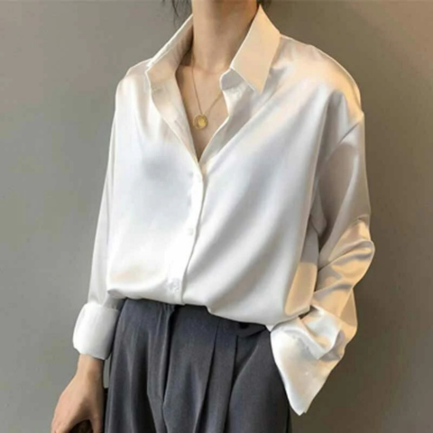 Blusa de mujer de seda satén lujosa con cuello en V, mangas largas, fluida, casual, elegante, para trabajo, noche, vacaciones, versátil – Sabrinelle