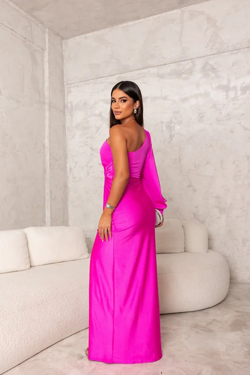 Abito lungo monospalla per donne con maniche fluttuanti e spacco laterale elegante per matrimonio, formale, serata – Helen