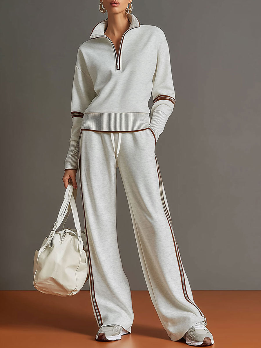 Ensemble Sportif Rétro Femme en Deux Pièces Sweat-Shirt à Demi-Zip Pantalons à Jambes Larges à Rayures – Gris Blanc