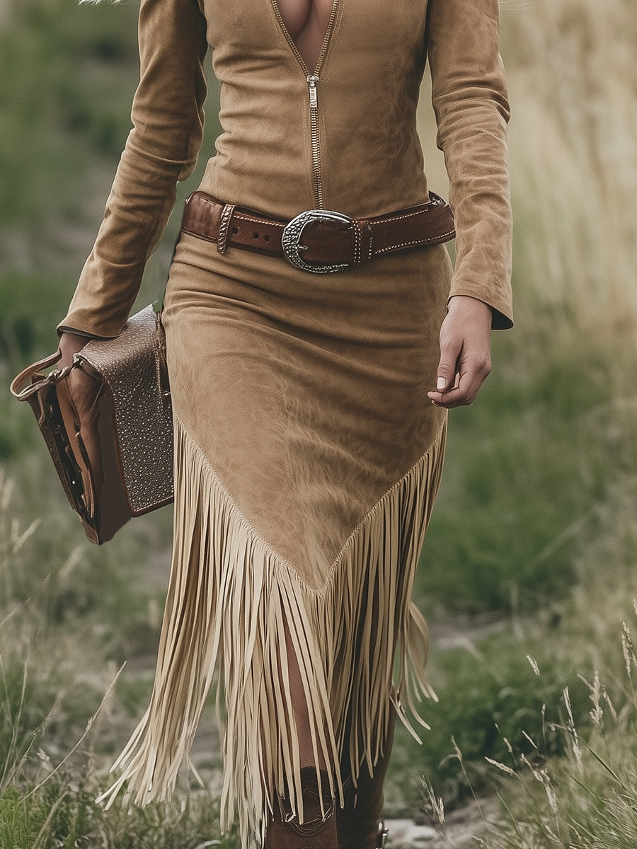 Robe Midi à Franges en Suède Rétro Western pour Femmes, Manches Longues, Col à Revers, Fermeture Éclair, Ceinturée, Silhouette Élancée, Fête Cowgirl, Festival – Tan