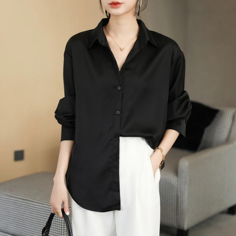 Blusa de mujer de seda satén lujosa con cuello en V, mangas largas, fluida, casual, elegante, para trabajo, noche, vacaciones, versátil – Sabrinelle