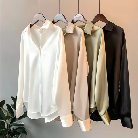 Blusa de mujer de seda satén lujosa con cuello en V, mangas largas, fluida, casual, elegante, para trabajo, noche, vacaciones, versátil – Sabrinelle