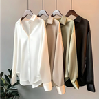 Blusa de mujer de seda satén lujosa con cuello en V, mangas largas, fluida, casual, elegante, para trabajo, noche, vacaciones, versátil – Sabrinelle