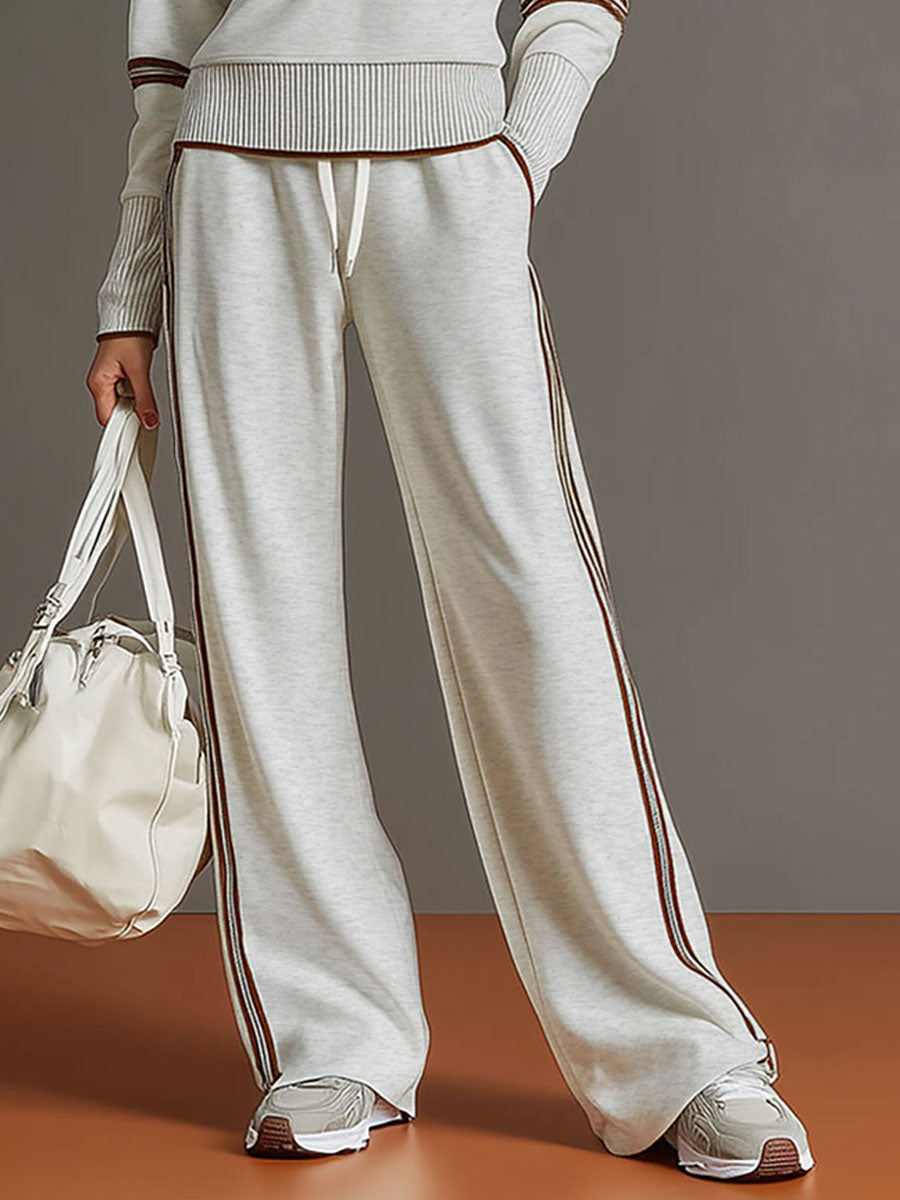Retro sportieve dames set in twee delen, halve rits sweater, wijde broek met strepen – Grijs wit