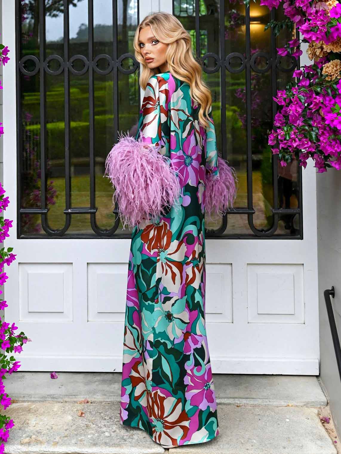 Vestido largo mujer satinado estampado floral mangas anchas puños plumas glamour casual jardín – Plumeria
