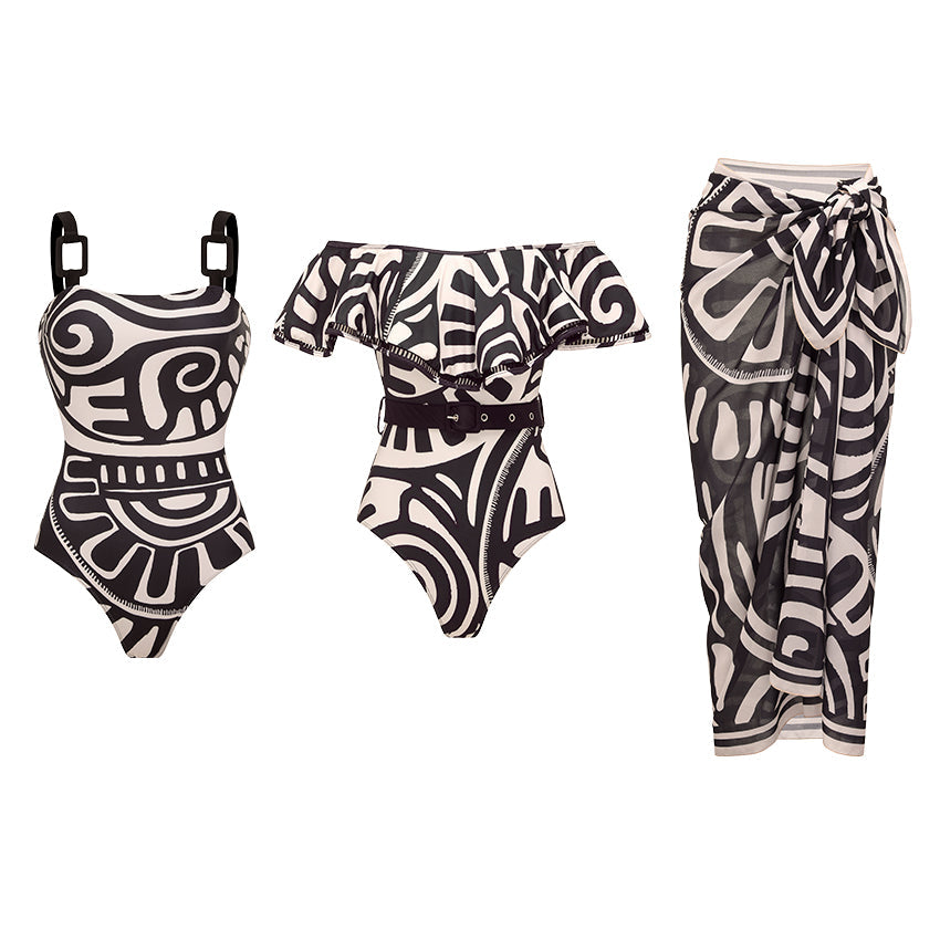 Maillot de bain une pièce à imprimé tribal pour femmes & ensemble jupe longue à bretelles réglables – Noir & Blanc
