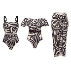 Maillot de bain une pièce à imprimé tribal pour femmes & ensemble jupe longue à bretelles réglables – Noir & Blanc