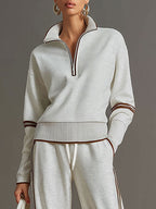 Retro sportieve dames set in twee delen, halve rits sweater, wijde broek met strepen – Grijs wit