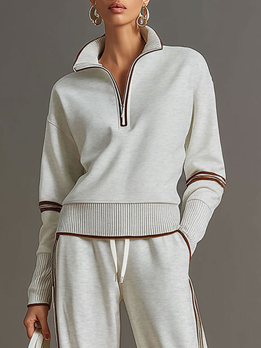 Retro sportieve dames set in twee delen, halve rits sweater, wijde broek met strepen – Grijs wit