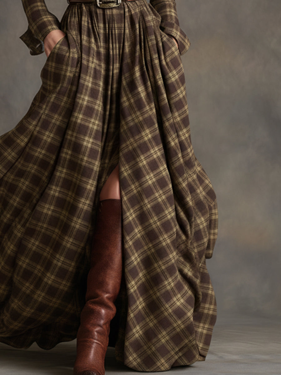 Robe longue décontractée à carreaux ethniques rétro pour femmes avec col, ceinture et manches longues – Marron rougeâtre