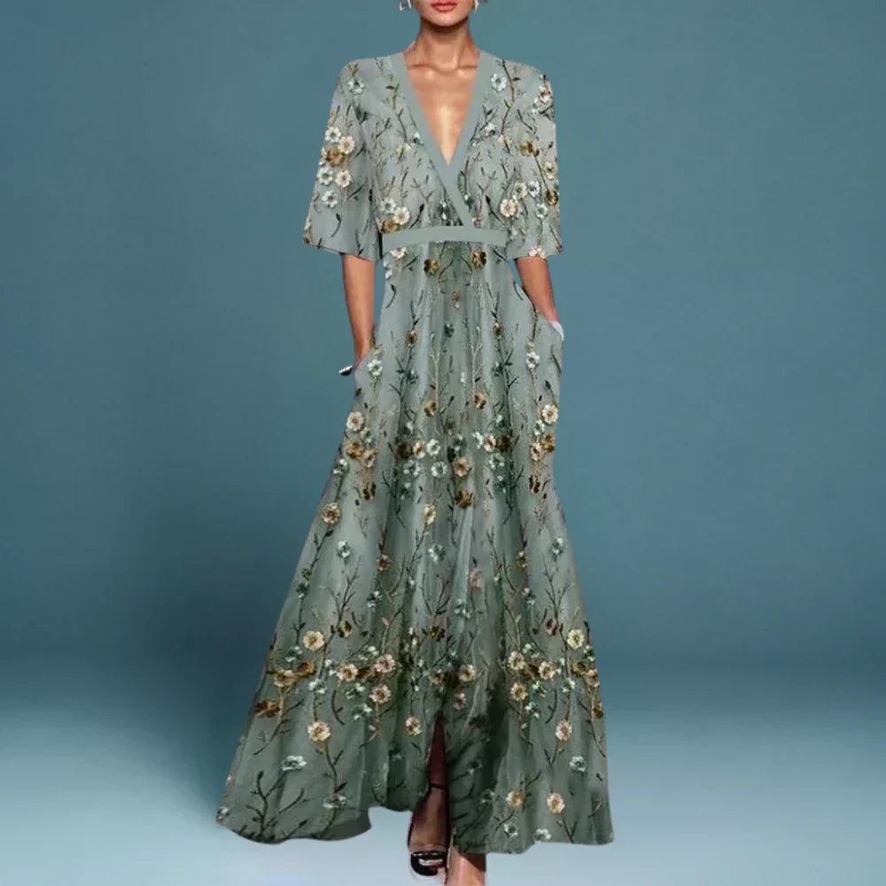 Vestido largo elegante floral para mujer con escote en V y mangas largas, formal, para fiesta de jardín de verano, gala de verano – Jill