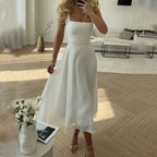 Robe de Soirée Formelle Midi pour Femme Invité de Mariage Décolleté Carré Corsage Ajusté Jupe Fluide Élégante