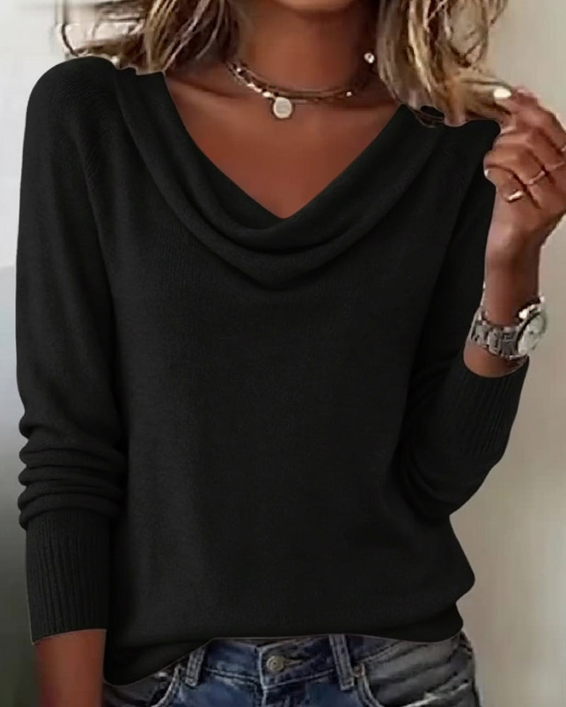 Maglione con collo a scialle per donna a maniche lunghe, casual, quotidiano, lavoro, smart casual, morbido e confortevole – Cassia