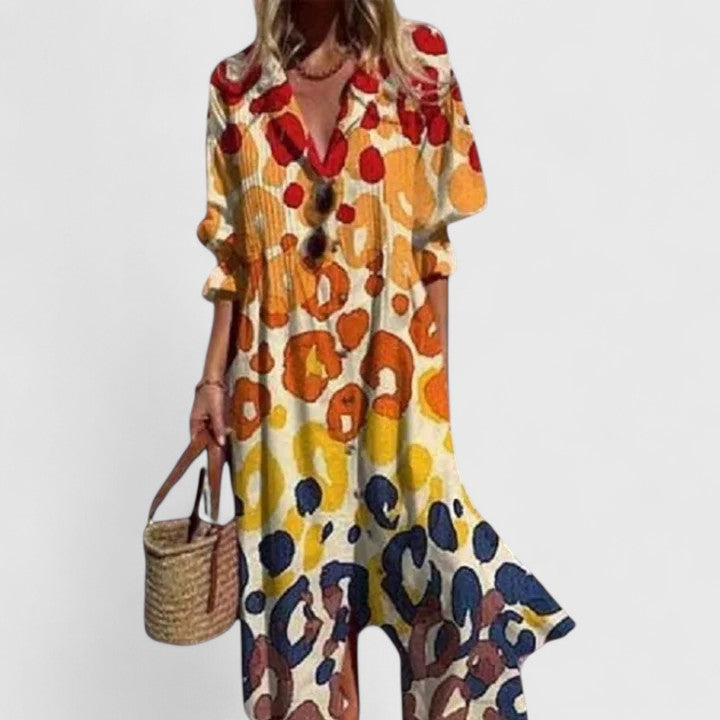 Robe Midi Été Élégante Boho Florale pour Femmes Imprimé Audacieux Sans Manches Fluide Décontractée – Paula
