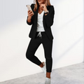 Ensemble Blazer Élégant et Pantalon Jogger pour Femmes - Professionnel Décontracté en Polyester Ajusté au Quotidien – Noir