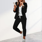 Ensemble Blazer Élégant et Pantalon Jogger pour Femmes - Professionnel Décontracté en Polyester Ajusté au Quotidien – Noir