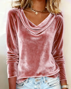 Top de terciopelo con cuello drapeado para mujer, de manga larga, casual, elegante, para uso diario, trabajo, fiesta, vacaciones, festivo, suave – Veloria