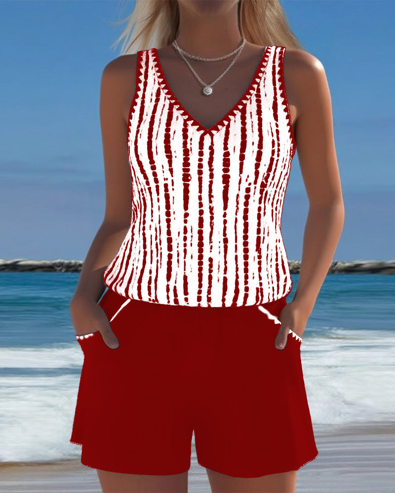 Ensemble Tankini à Rayures avec Poche V-Cou pour Femmes, Short Uni, Plage, Piscine, Vacances, Resort, Décontracté, Été, Actif – Nautica
