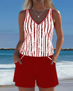 Ensemble Tankini à Rayures avec Poche V-Cou pour Femmes, Short Uni, Plage, Piscine, Vacances, Resort, Décontracté, Été, Actif – Nautica