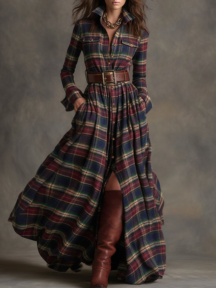 Robe longue décontractée à carreaux ethniques rétro pour femmes avec col, ceinture et manches longues – Marron rougeâtre
