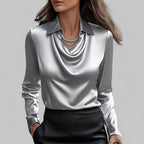 Blouse en Satin Drapé à Col Bateau à Manches Longues pour Femmes Bureau Soirée Élégante Silky Formelle – Rose