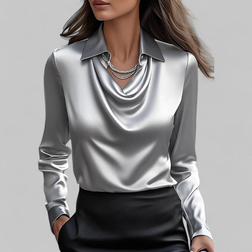 Blouse en Satin Drapé à Col Bateau à Manches Longues pour Femmes Bureau Soirée Élégante Silky Formelle – Rose