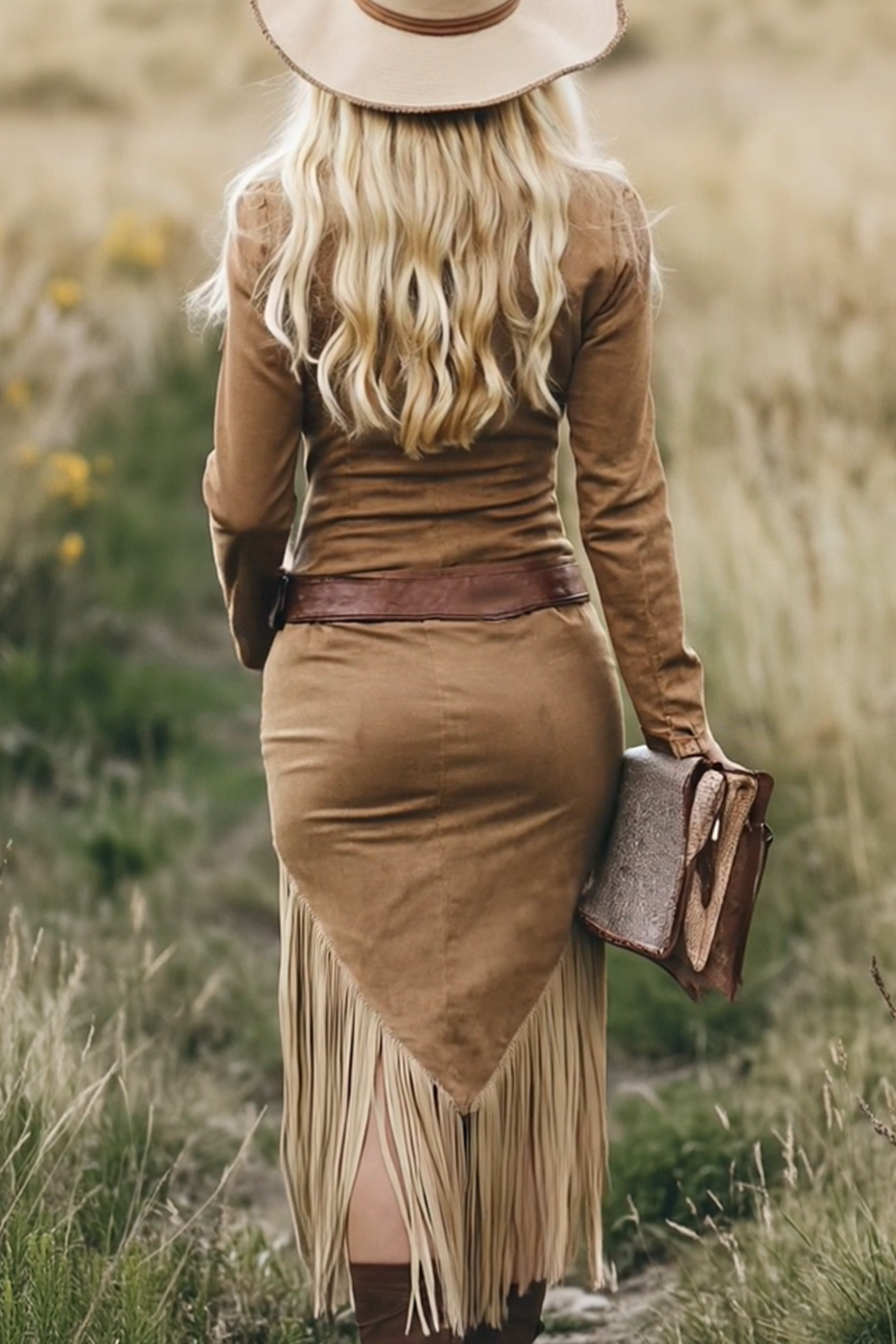 Robe Midi Cowgirl Western Rétro pour Femme avec Col Structuré, Fermeture Éclair et Détails à Franges – Camel