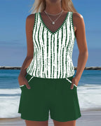 Ensemble Tankini à Rayures avec Poche V-Cou pour Femmes, Short Uni, Plage, Piscine, Vacances, Resort, Décontracté, Été, Actif – Nautica