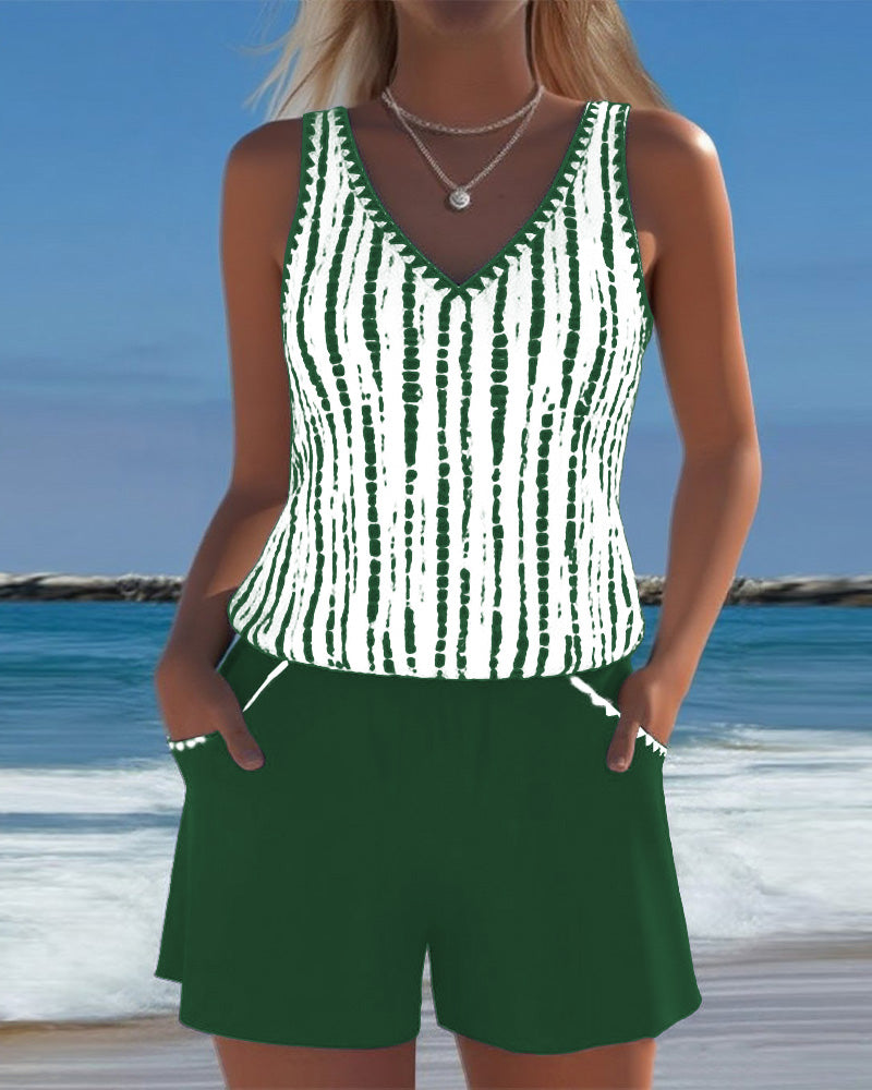 Ensemble Tankini à Rayures avec Poche V-Cou pour Femmes, Short Uni, Plage, Piscine, Vacances, Resort, Décontracté, Été, Actif – Nautica
