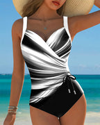 Maillot de Bain une Pièce à Lacets Pour Femmes Avec Contraste De Couleurs, Devant Enveloppant Et Sans Manches, Idéal Pour la Plage En Été
