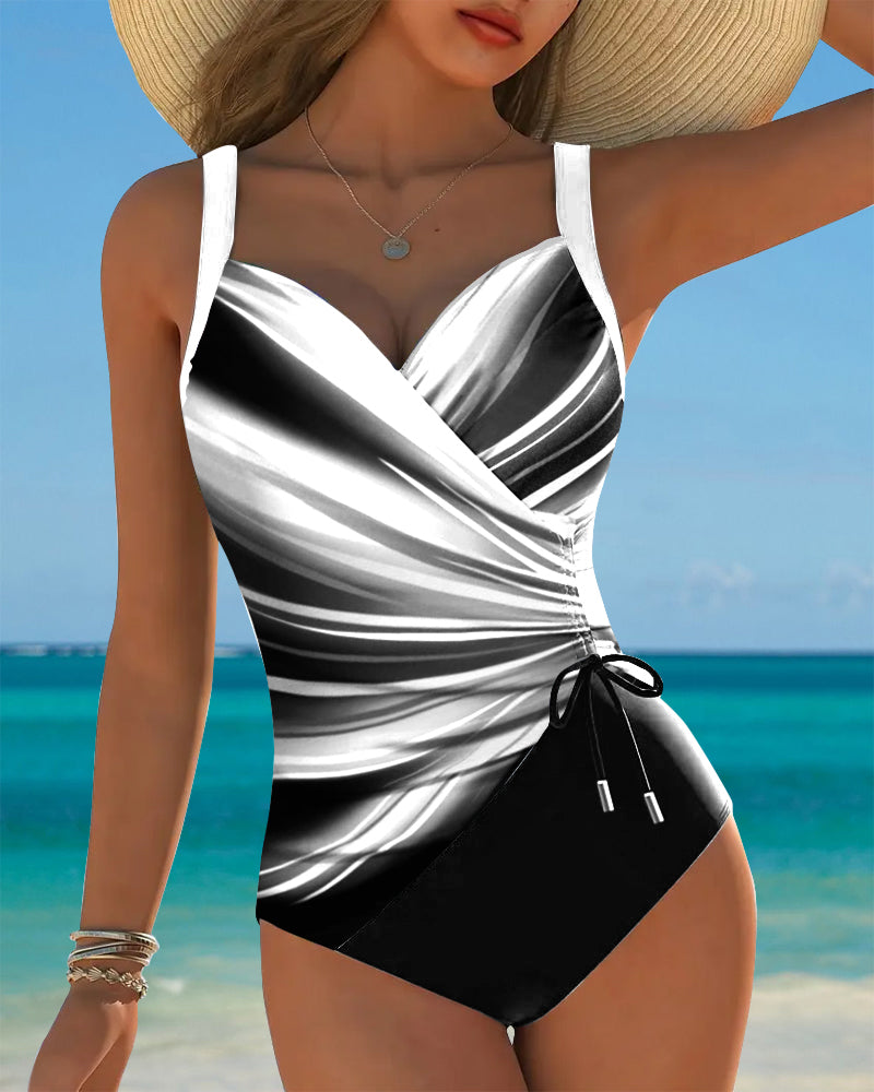 Maillot de Bain une Pièce à Lacets Pour Femmes Avec Contraste De Couleurs, Devant Enveloppant Et Sans Manches, Idéal Pour la Plage En Été