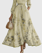 Robe Longue Plissée Florale Élégante pour Femme, Col V, Manches Longues, Taille Ruban, Formelle et Décontractée – Rowella