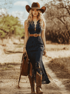 Robe Midi Sans Manches en Dentelle Vintage Boho pour Femmes – Bleu Marine