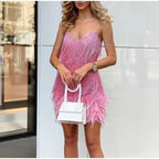 Robe Mini Élégante en Sequins avec Plumes Roses à Bretelles Spaghetti pour Soirée Cocktail