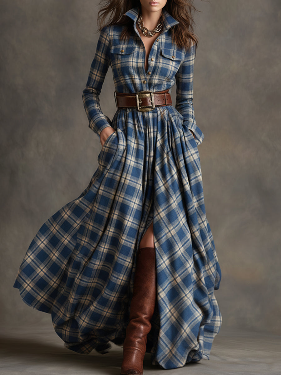 Robe longue décontractée à carreaux ethniques rétro pour femmes avec col, ceinture et manches longues – Marron rougeâtre