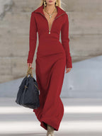 Robe Longue Sportive à Col V Avec Fermeture Éclair Pour Femme à Manches Longues Ajustée Décontractée Formelle de Fête Cowgirl Soirée Élégante