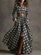 Robe longue décontractée à carreaux ethniques rétro pour femmes avec col, ceinture et manches longues – Marron rougeâtre