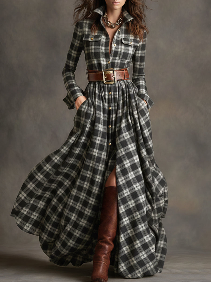 Robe longue décontractée à carreaux ethniques rétro pour femmes avec col, ceinture et manches longues – Marron rougeâtre