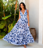 Ensemble Maillot de Bain Une Pièce Col V Lacets Jupe Longue Florale Imprimée Plage Resort Vacances Été – Botanique
