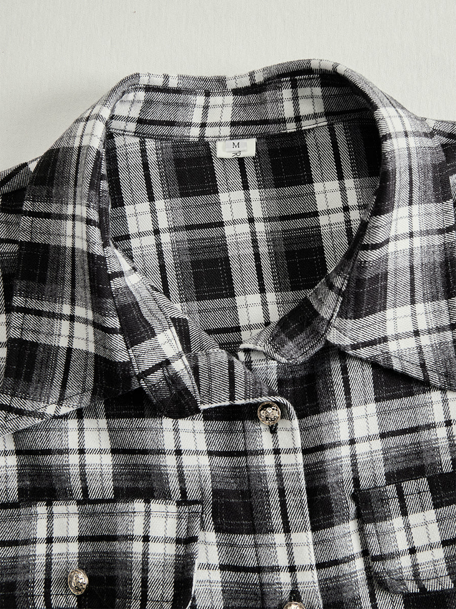 Robe longue décontractée à carreaux ethniques rétro pour femmes avec col, ceinture et manches longues – Marron rougeâtre