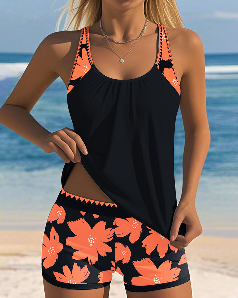 Ensemble Tankini Floral à Encolure U Sans Manches avec Short Boxer pour Femmes – Paradiso