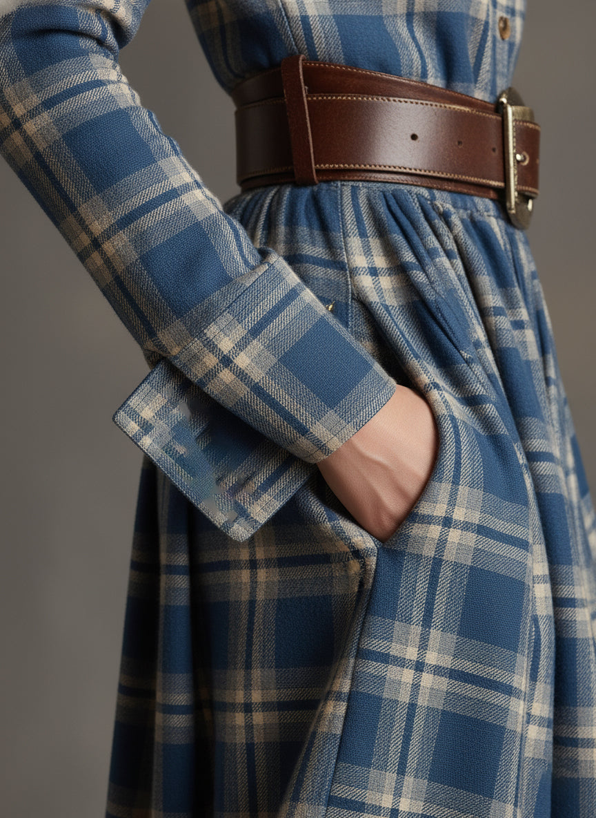 Robe longue décontractée à carreaux ethniques rétro pour femmes avec col, ceinture et manches longues – Marron rougeâtre