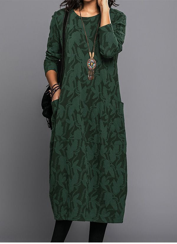 Robe Midi à Manches Longues pour Femmes avec Poches Imprimé d'Été Décontracté Confortable Ajustement Relaxé
